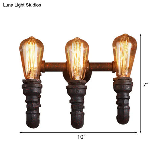 Vintage Style Rust Water Pipe Wall Sconce Light With Exposed Bulb - 3 Lights Iron Lamp