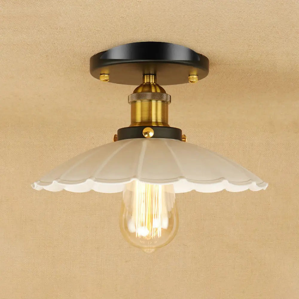 Vintage Style Scalloped Edge Balcony Semi Flush Ceiling Light In Black/Rust With 1 Metal Fixture