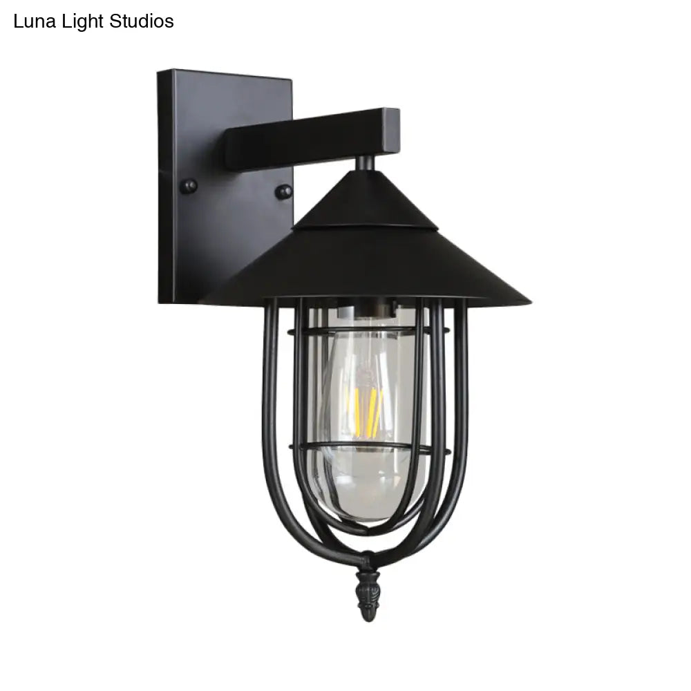 Vintage Style Sconce Lamp With Metal Cage - Clear Glass Black/Bronze Wall Hanging Light Capsule