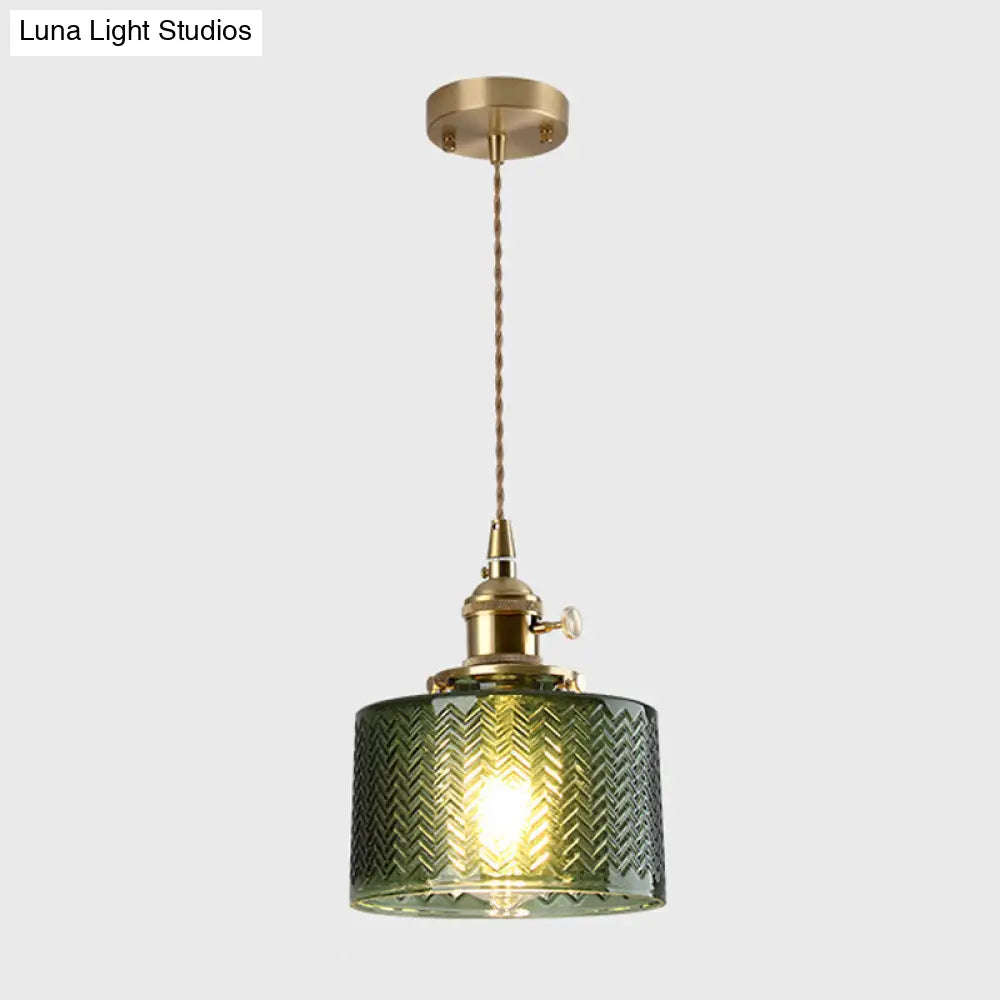 Vintage Style Gold Glass Pendant Lamp With Textured Shade - Single Bulb Hanging Fixture / J