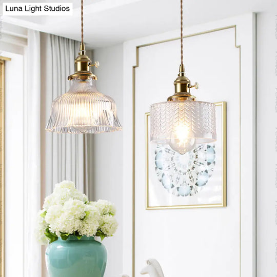 Vintage Style Gold Glass Pendant Lamp With Textured Shade - Single Bulb Hanging Fixture