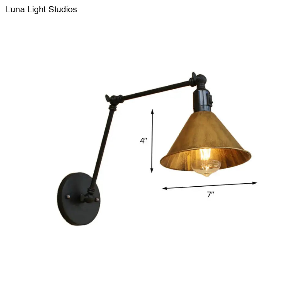 Vintage Style Swing Arm Bedroom Sconce Light With Metallic Cone Shade - Aged Brass Wall Lamp