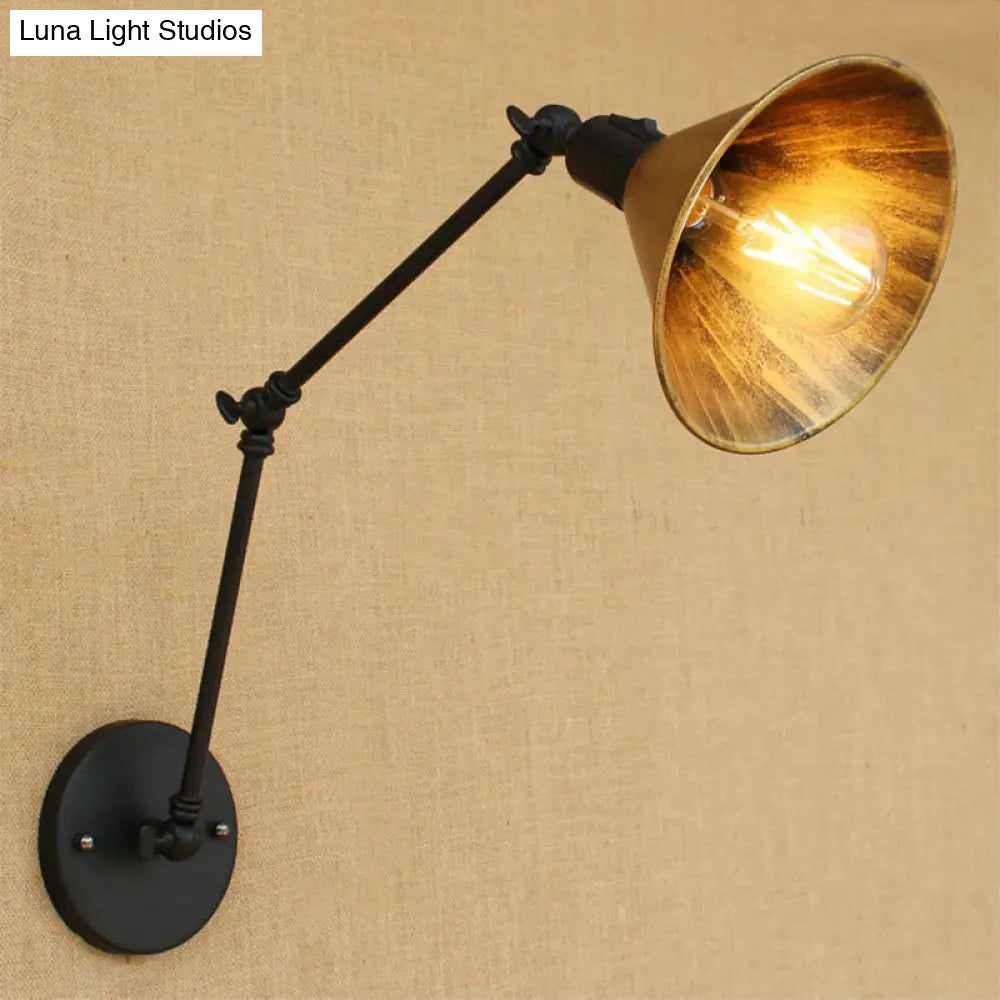 Vintage Style Swing Arm Bedroom Sconce Light With Metallic Cone Shade - Aged Brass Wall Lamp