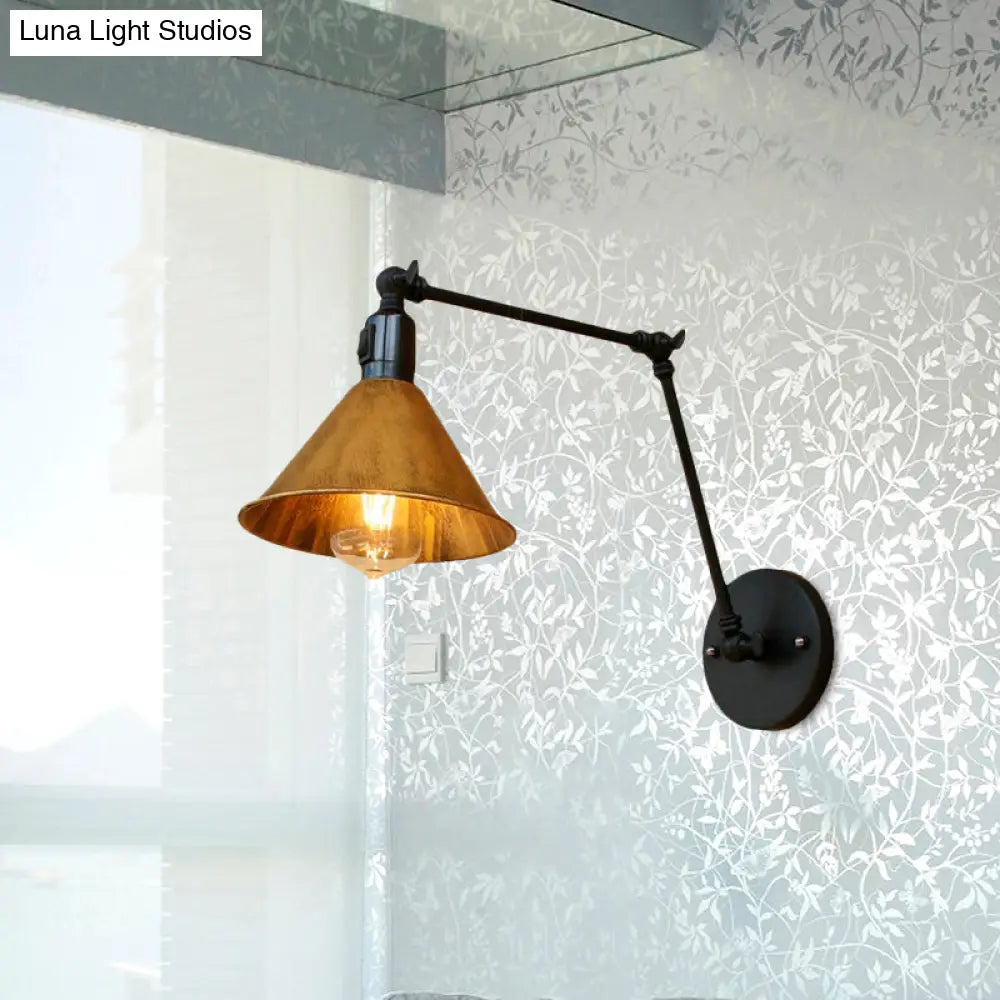 Vintage Style Swing Arm Bedroom Sconce Light With Metallic Cone Shade - Aged Brass Wall Lamp