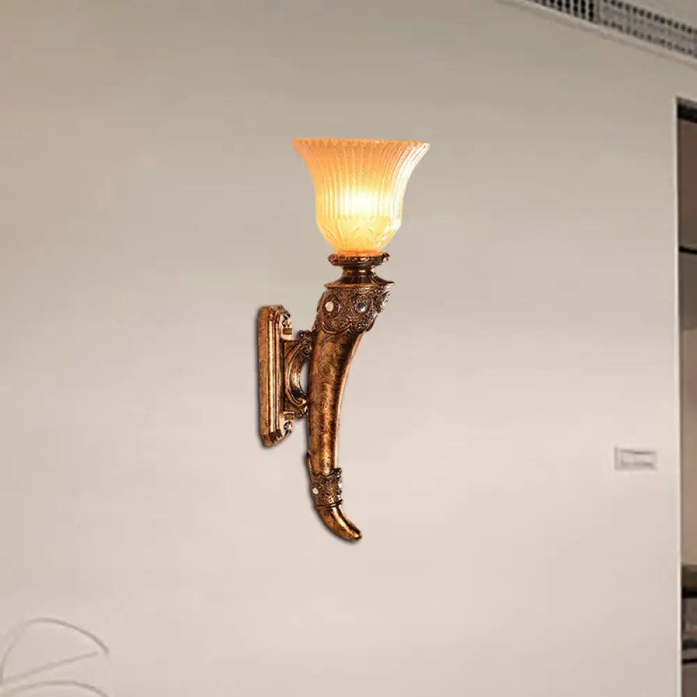 Vintage Style Wall Mounted Sconce Lamp With Amber Glass Bell Shade - Resin Gold Finish