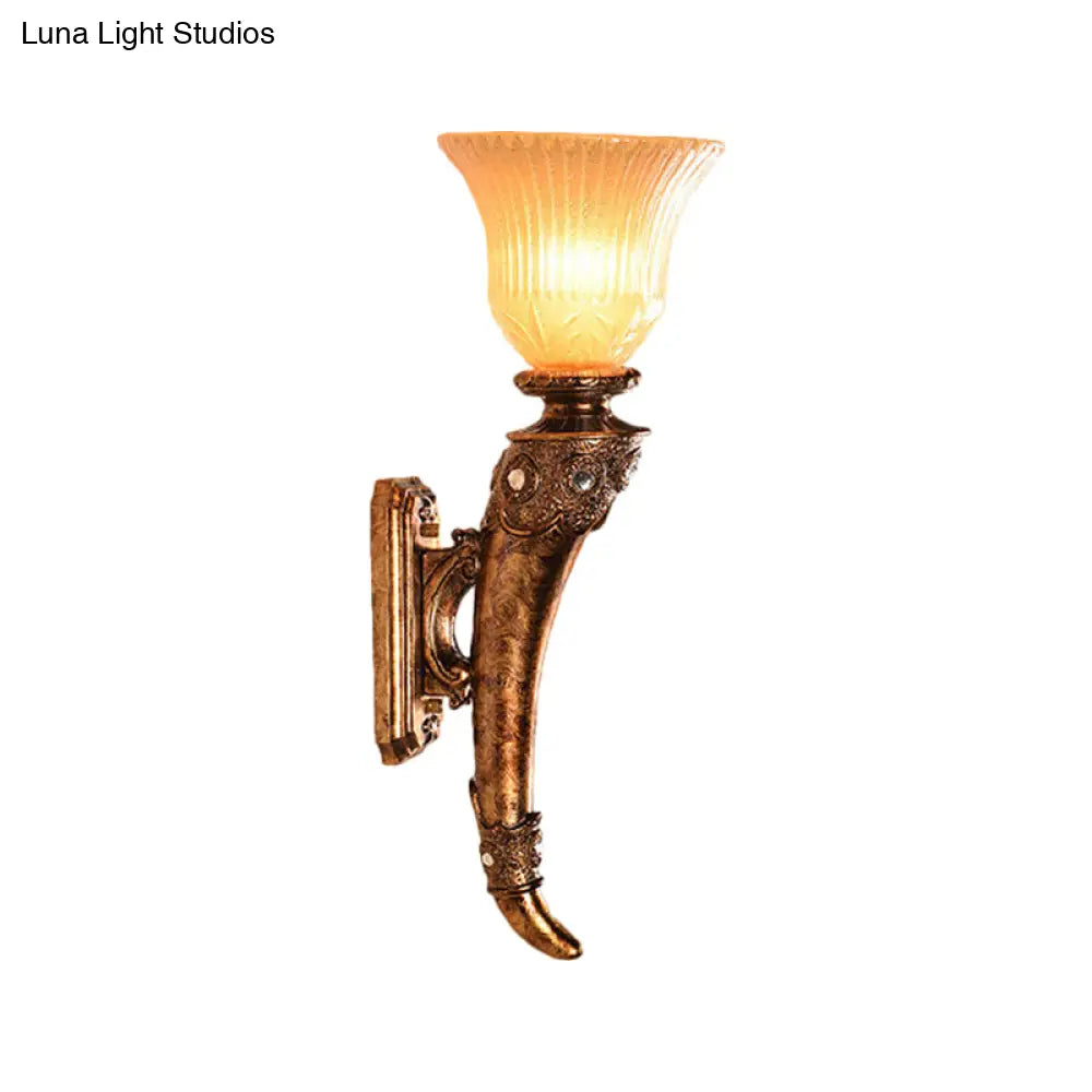 Vintage Style Wall Mounted Sconce Lamp With Amber Glass Bell Shade - Resin Gold Finish