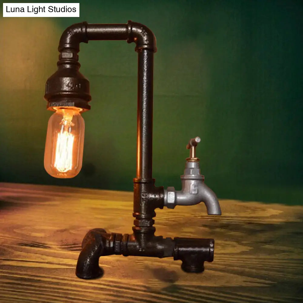 Vintage Style Water Pipe Wrought Iron Lighting Fixture With Faucet - Head Table In Black Finish