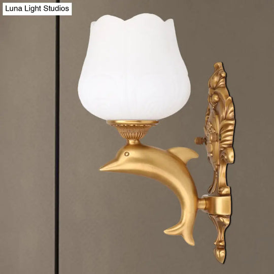 Vintage Style White Glass Wall Light With Golden Dolphin Deco