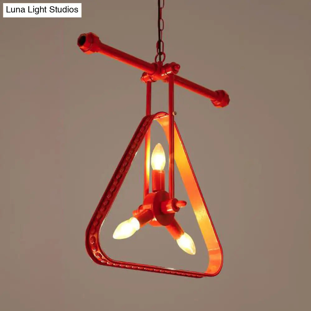 Vintage Style Triangle Chandelier With Metallic Finish And Wire Frame - 3 Lights Black/Red Red