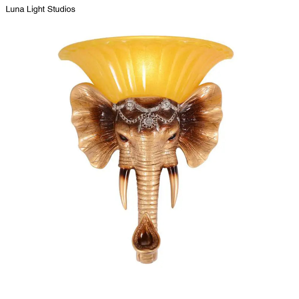 Vintage Style Yellow Glass Sconce Light Fixture With Golden Elephant Design - Wall Mount Lamp