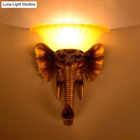 Vintage Style Yellow Glass Sconce Light Fixture With Golden Elephant Design - Wall Mount Lamp