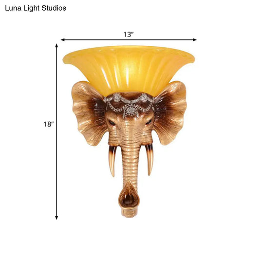 Vintage Style Yellow Glass Sconce Light Fixture With Golden Elephant Design - Wall Mount Lamp