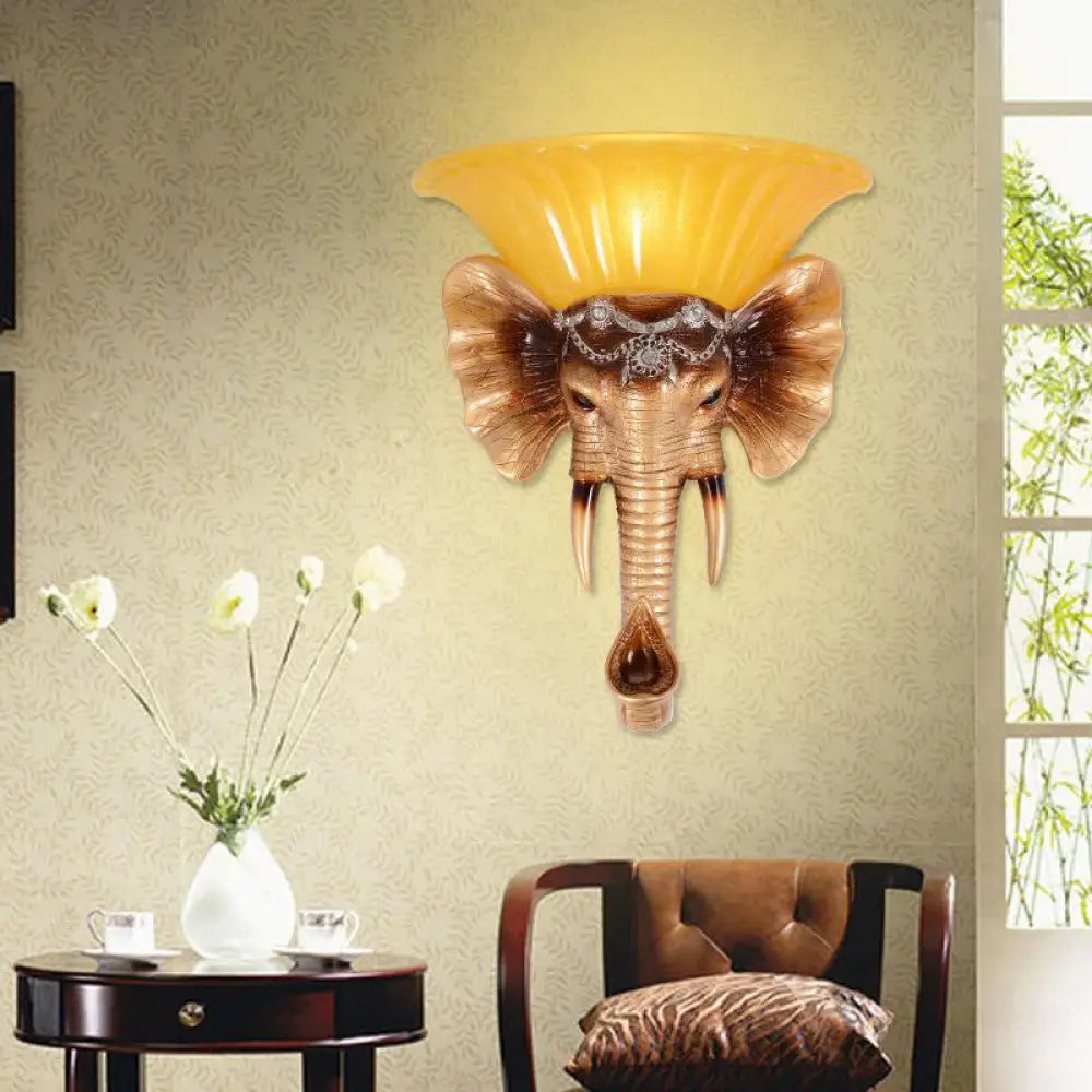 Vintage Style Yellow Glass Sconce Light Fixture With Golden Elephant Design - Wall Mount Lamp Gold