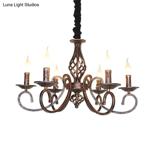 Vintage Candle Chandelier Lamp - Stylish 6 Bulbs Wrought Iron Hanging Lighting In Bronze