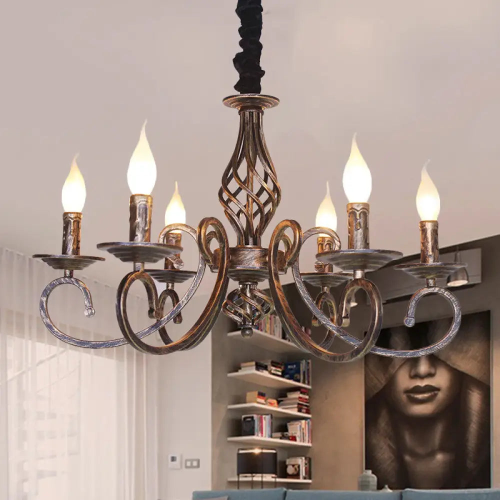 Vintage Stylish Chandelier Lamp With 6 Bulbs Wrought Iron Hanging Lighting In Bronze