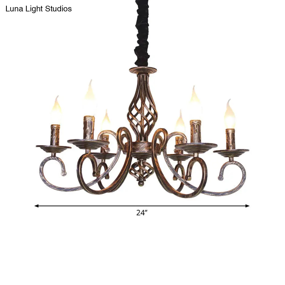 Vintage Candle Chandelier Lamp - Stylish 6 Bulbs Wrought Iron Hanging Lighting In Bronze