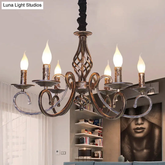 Vintage Candle Chandelier Lamp - Stylish 6 Bulbs Wrought Iron Hanging Lighting In Bronze