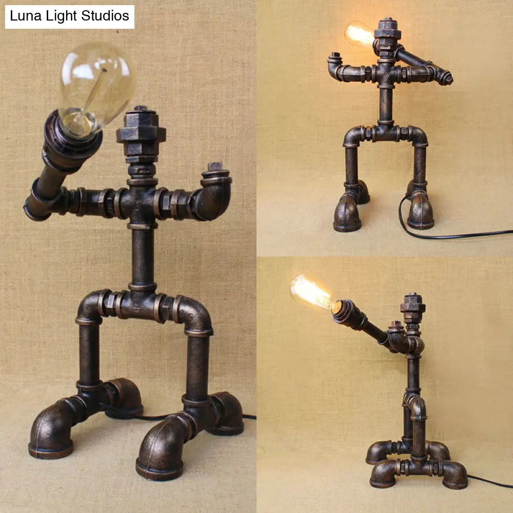 Vintage Stylish Sitting Robot Wrought Iron Table Lamp With Antique Brass Plumbing Pipe