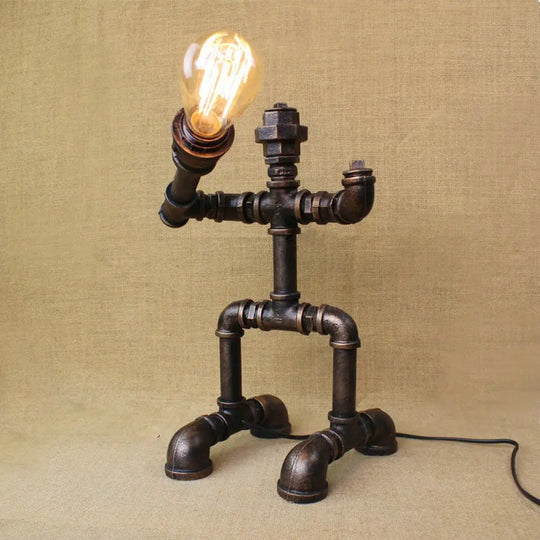 Vintage Stylish Sitting Robot Wrought Iron Table Lamp With Antique Brass Plumbing Pipe / D