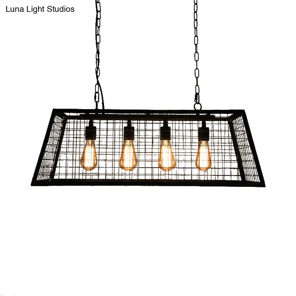 Vintage Stylish Trapezoid Cage Pendant Lamp - Metal Hanging Light Fixture With Adjustable Chain