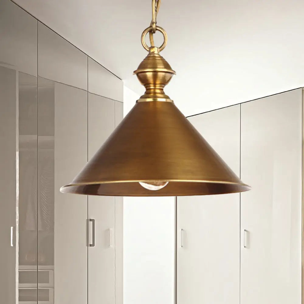 Vintage Suspension Pendant Light With Metallic Brass/Gold Finish - 7’/8.5’ Conical Shade