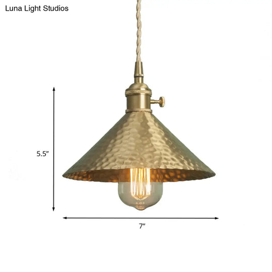 Vintage Suspension Pendant Light With Metallic Brass/Gold Finish - 7’/8.5’ Conical Shade 1-Light