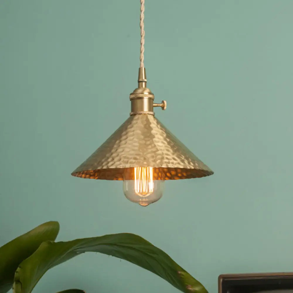 Vintage Suspension Pendant Light With Metallic Brass/Gold Finish - 7’/8.5’ Conical Shade