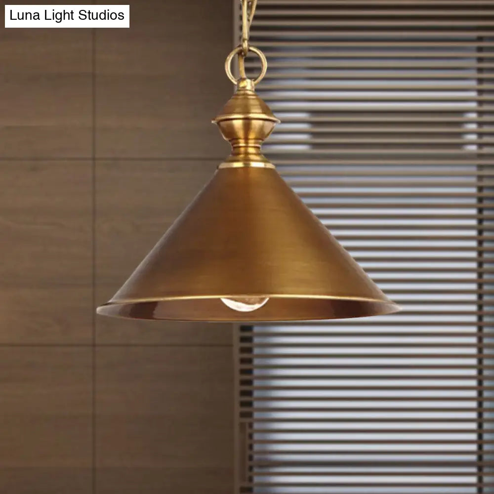 Vintage Suspension Pendant Light With Metallic Brass/Gold Finish - 7’/8.5’ Conical Shade 1-Light