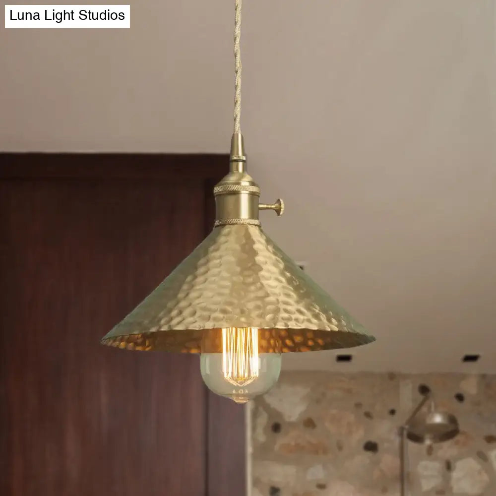 Vintage Brass/Gold Pendant Light With Conical Shade And 1 Bulb