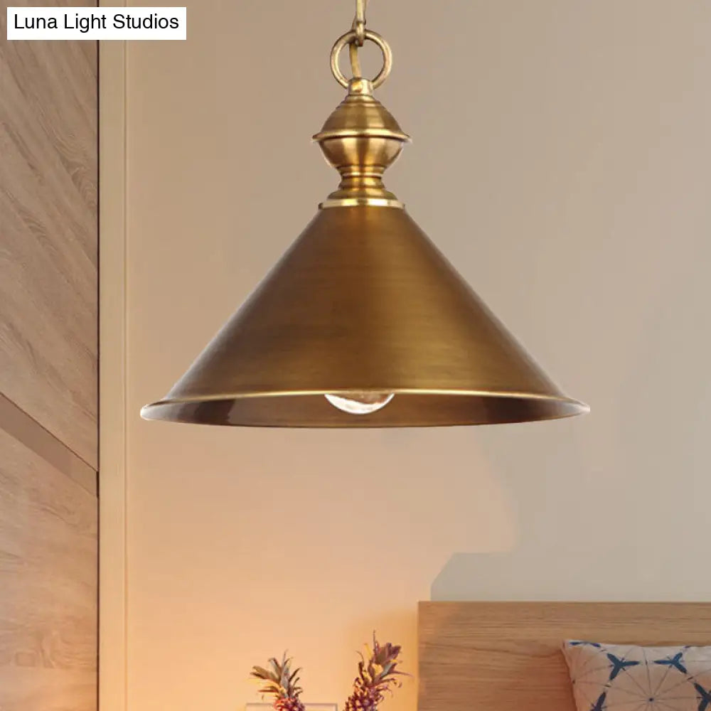 Vintage Brass/Gold Pendant Light With Conical Shade And 1 Bulb Gold / 9.5