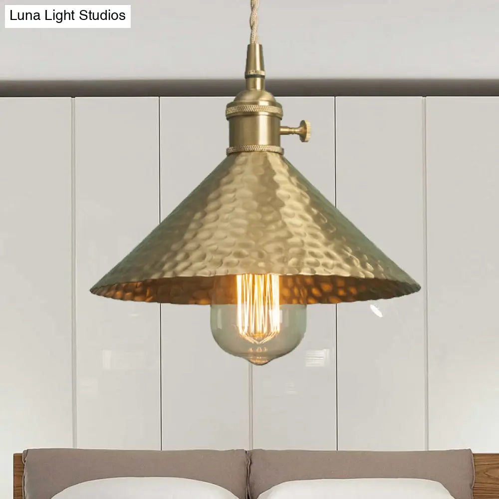 Vintage Suspension Pendant Light With Metallic Brass/Gold Finish - 7’/8.5’ Conical Shade 1-Light