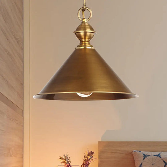Vintage Suspension Pendant Light With Metallic Brass/Gold Finish - 7’/8.5’ Conical Shade