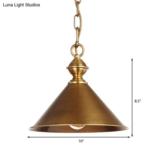 Vintage Suspension Pendant Light With Metallic Brass/Gold Finish - 7’/8.5’ Conical Shade 1-Light