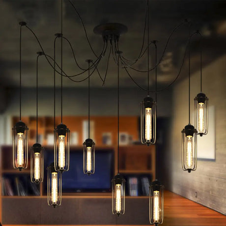 Vintage Swag Pendant Light With Adjustable 10-Head Metal Cage Shade - Black Hanging Lamp For Dining