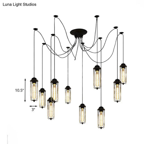 Vintage Swag Pendant Light With Adjustable 10-Head Metal Cage Shade - Black Hanging Lamp For Dining