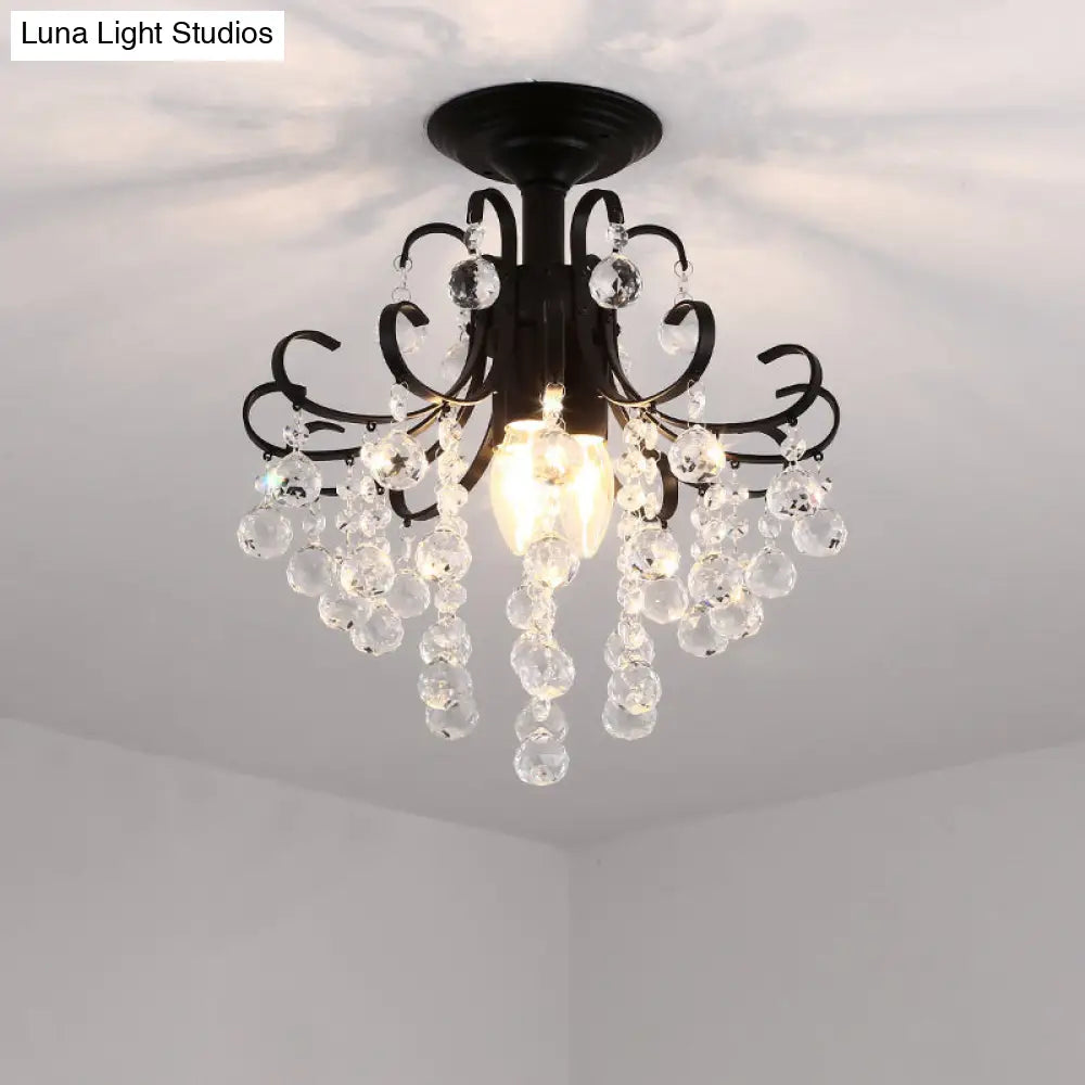 Vintage Swirl Crystal Semi-Mount Ceiling Light (Black) - 3-Bulb For Foyer