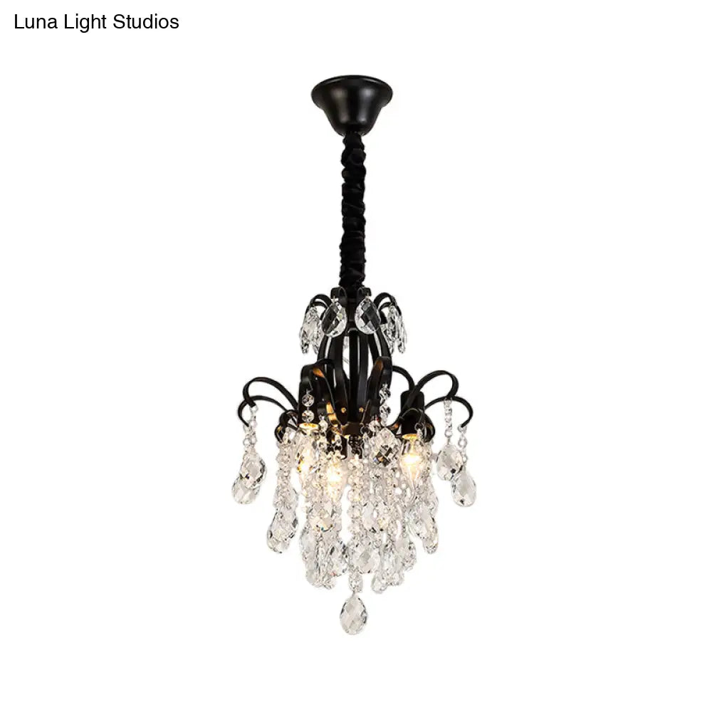 Vintage Teardrop Crystal Chandelier Light - Black Hanging Fixture With Curved Arms 3/7 Lights