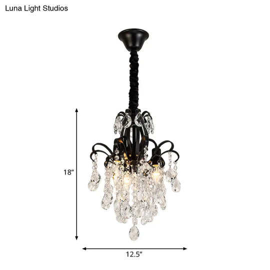 Vintage Teardrop Crystal Chandelier Light - Black Hanging Fixture With Curved Arms 3/7 Lights