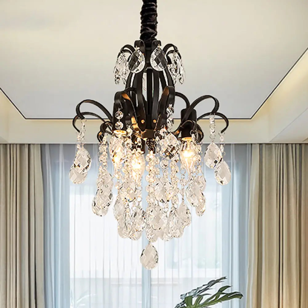 Vintage Teardrop Crystal Chandelier Light - Black Hanging Fixture With Curved Arms 3/7 Lights 3 /