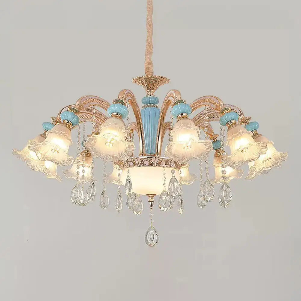 Vintage Textured Glass Blue Chandelier Pendant Light With Crystal Accent 12 /