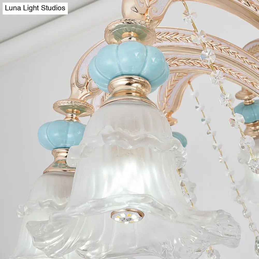 Vintage Textured Glass Blue Chandelier Pendant Light With Crystal Accent