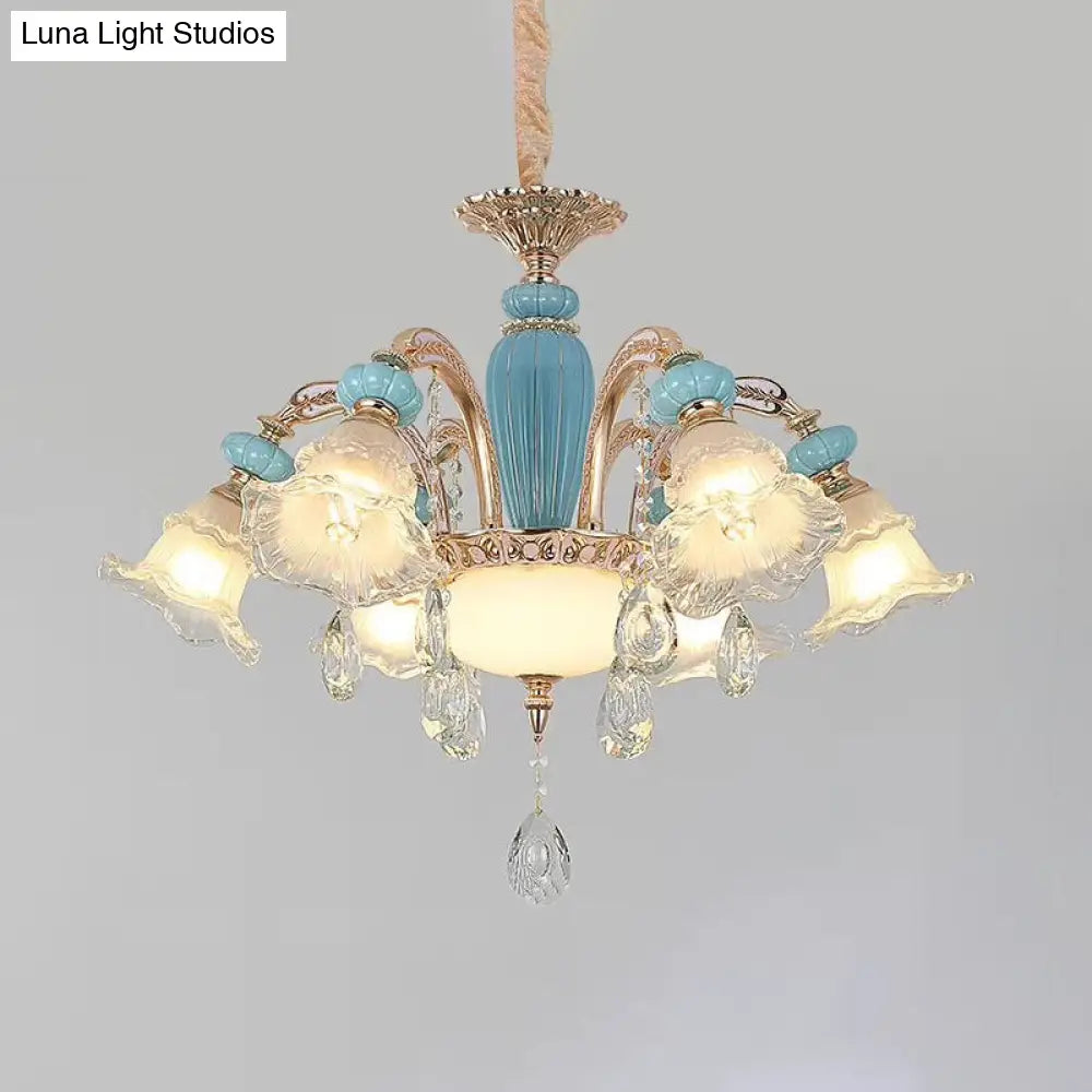 Vintage Textured Glass Blue Chandelier Pendant Light With Crystal Accent