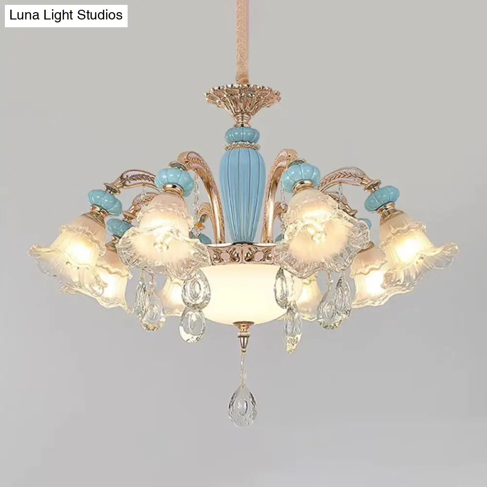 Vintage Textured Glass Blue Chandelier Pendant Light With Crystal Accent