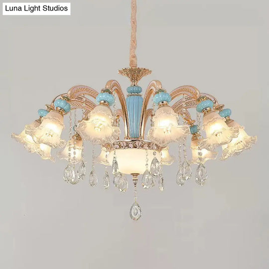 Vintage Textured Glass Blue Chandelier Pendant Light With Crystal Accent