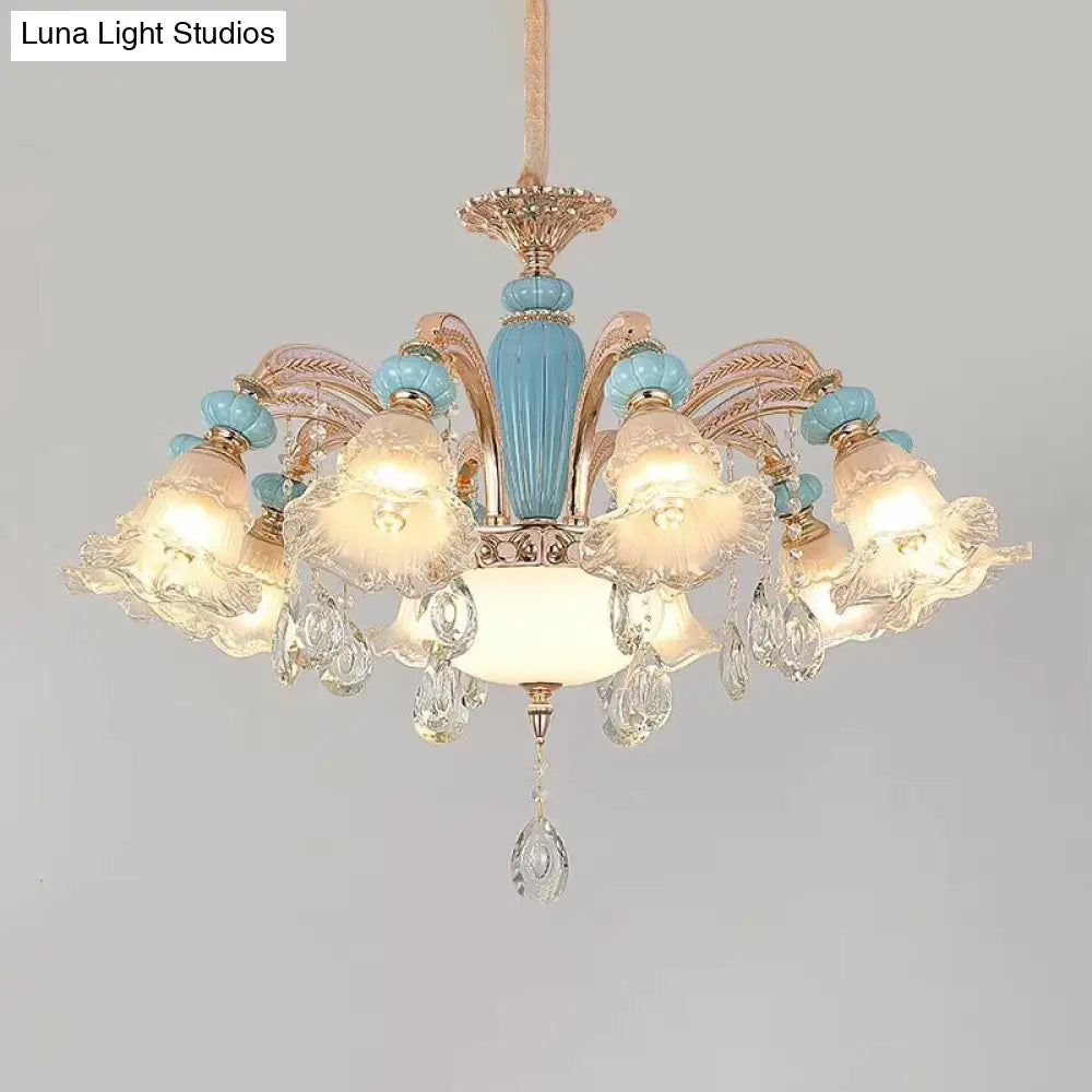 Vintage Textured Glass Blue Chandelier Pendant Light With Crystal Accent