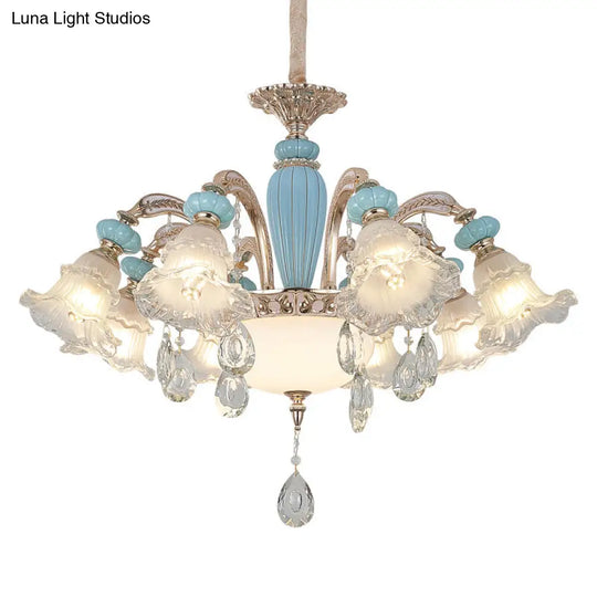 Vintage Textured Glass Blue Chandelier Pendant Light With Crystal Accent