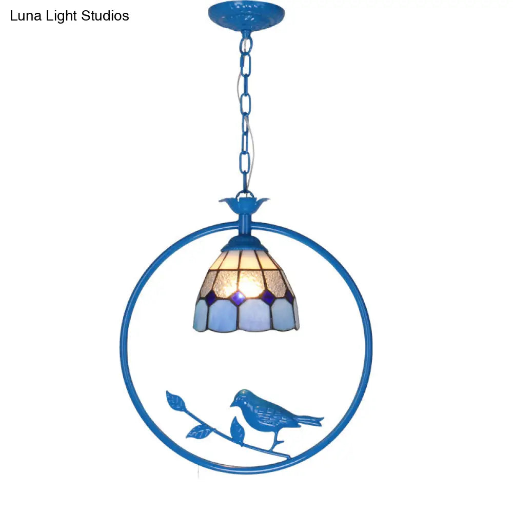 Vintage Tiffany Glass Pendant Ceiling Lamp - Blue Ring Pendulum Light For Bedroom