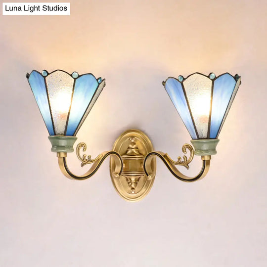 Vintage Tiffany Stained Glass Double Wall Lamp - Conic Sconce In Gold