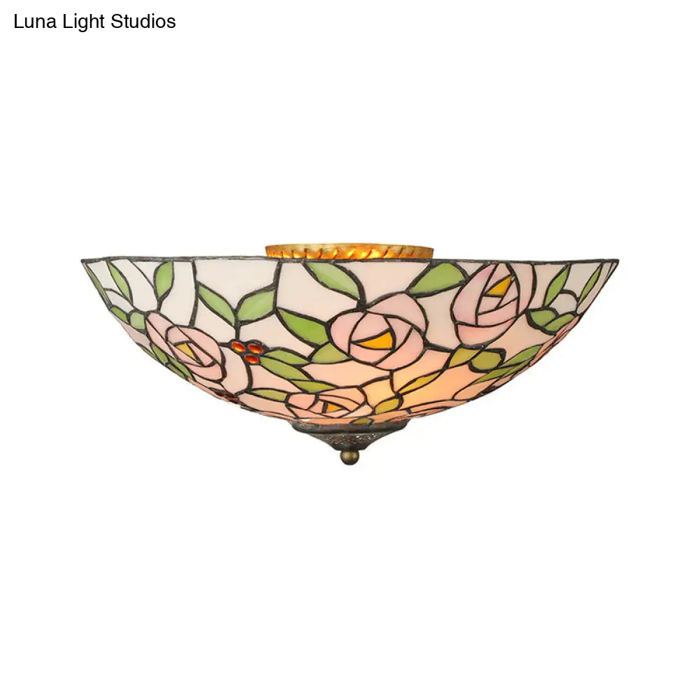 Vintage Tiffany Stained Glass Flush Ceiling Light With Pink And Green Bowl Design