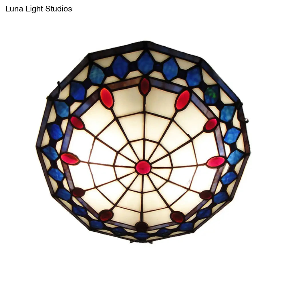 Vintage Tiffany Style Stained Glass Flush Ceiling Light - 3 Lights Art Deco Design Rhombus Pattern